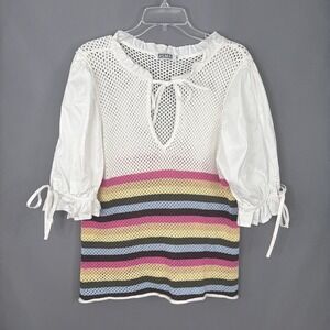 Porter Collective Top Women Medium White Crochet Puff Sleeve Boho Peasant Hippie